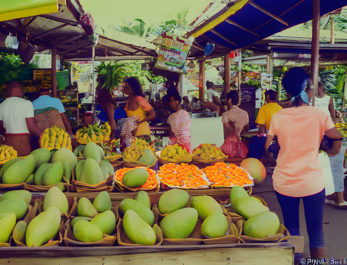 Colorful Tropical Fruit Market with Fresh Mangoes and Papayas