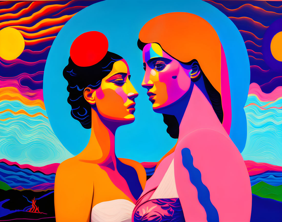 Colorful digital artwork: Stylized figures, vibrant landscape