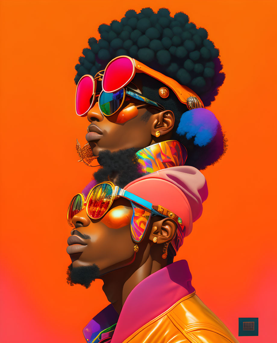 Vibrant stylized figures in colorful outfits on orange background