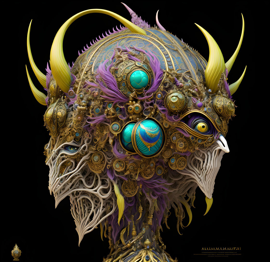 Fantastical creature with golden horns, mechanical details, and gemstone accents