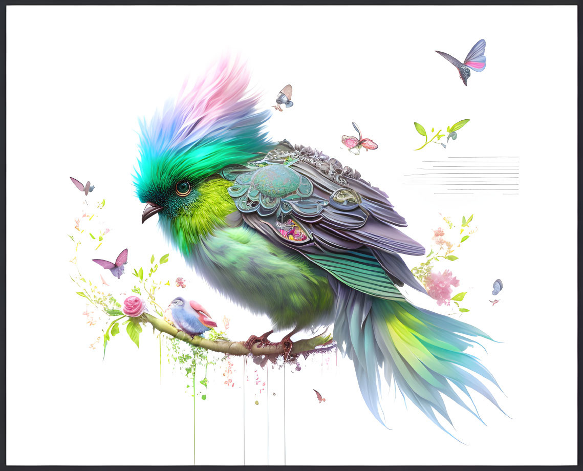 Vibrant fantasy bird perched on branch with butterflies and flowers