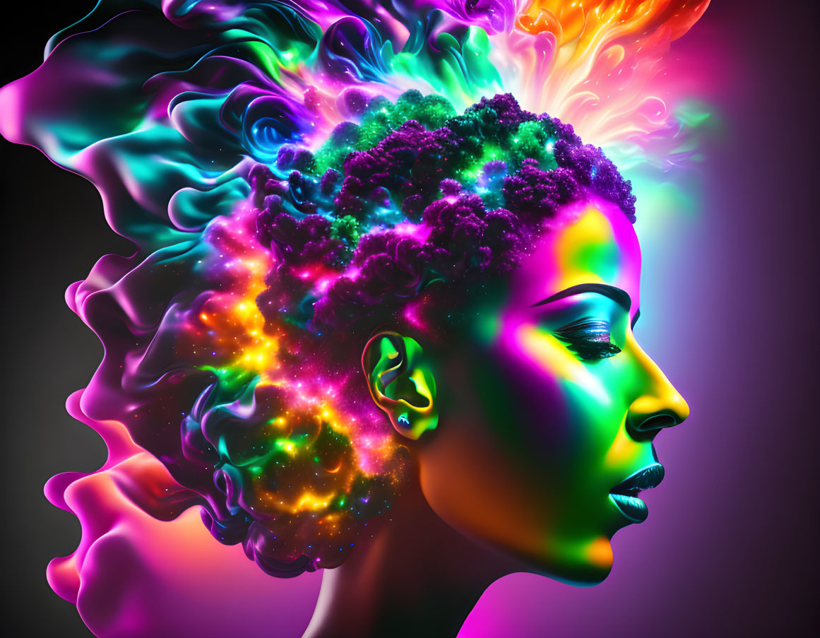 Colorful cosmic explosion forms woman's hair on dark background