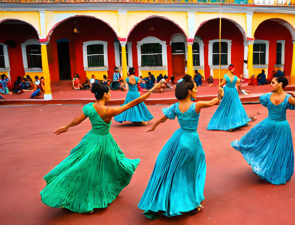 Turquoise Dresses Women Dancing in Red and Yellow Courtyard