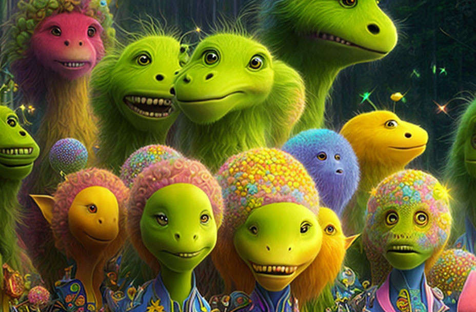 Vibrant animated creatures in green, yellow, blue, and purple in magical forest