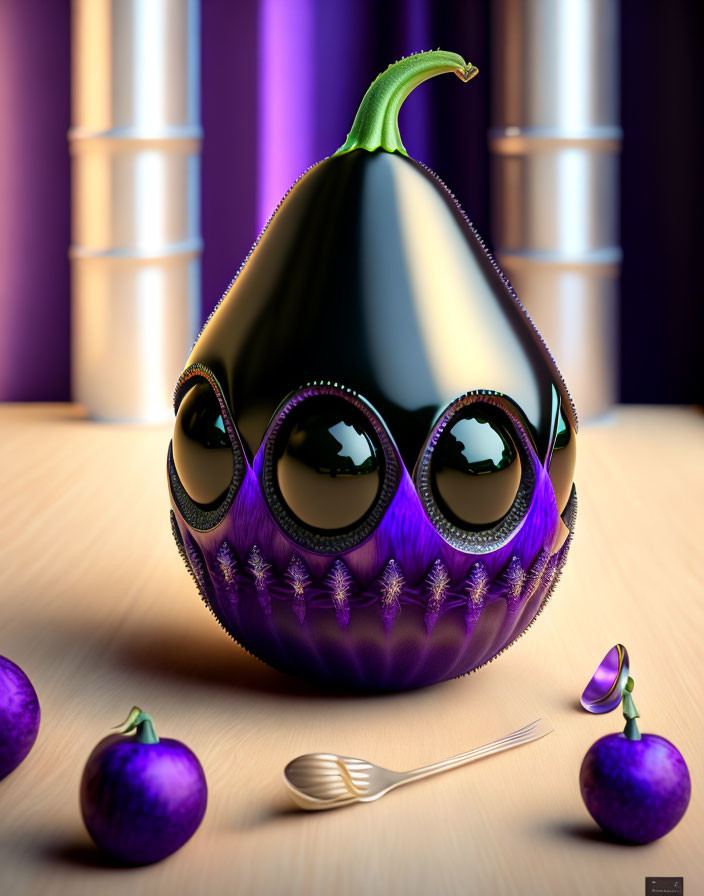 Whimsical 3D animation: Eggplant with expressive eyes, purple fur, surrounded by mini