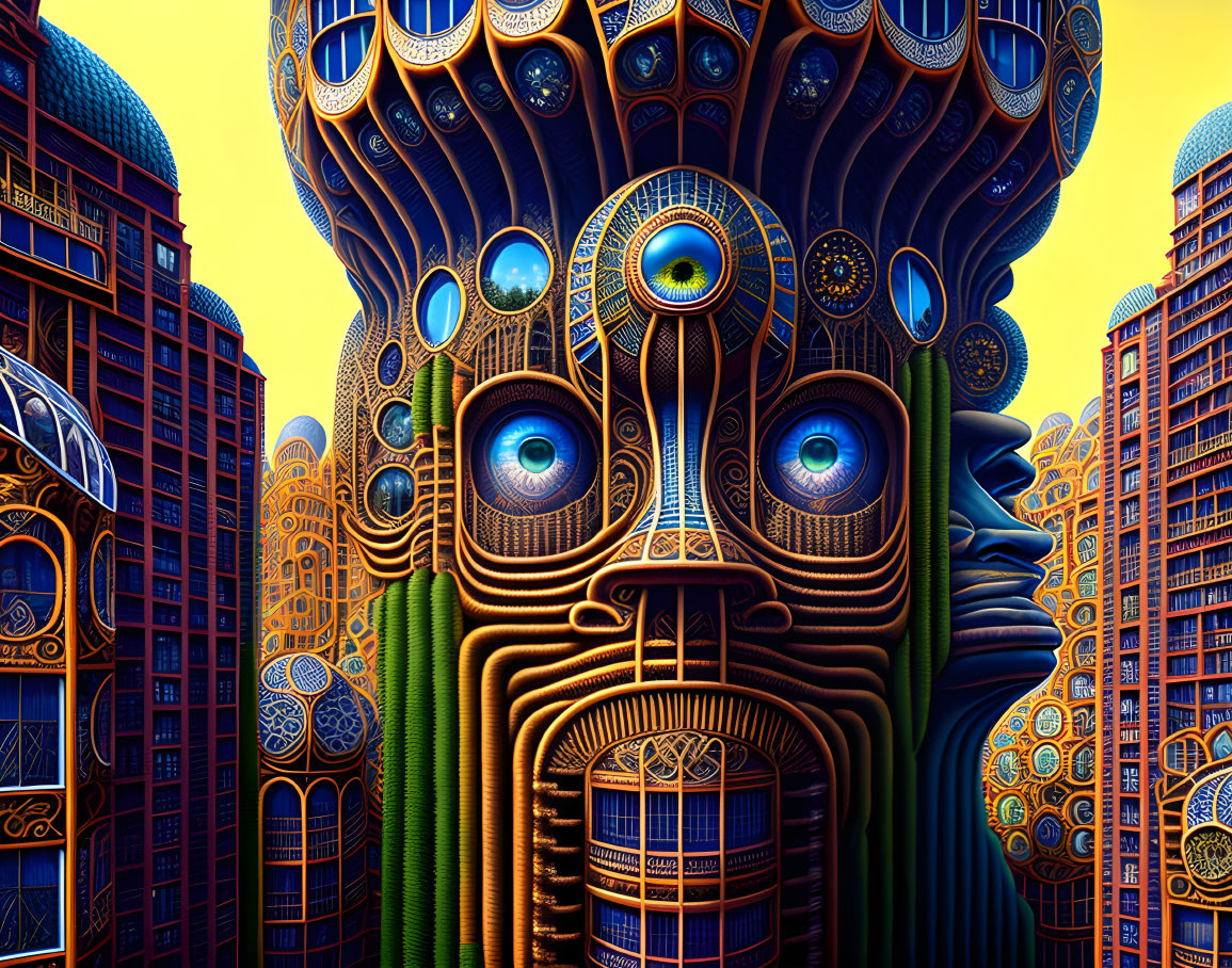 Surreal artwork: face merging with building-like structures under blue sky