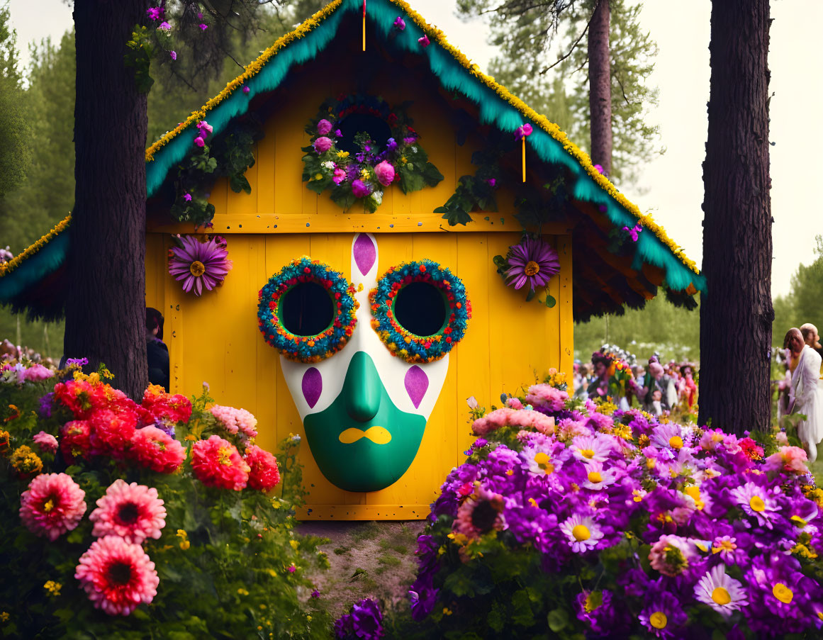 Colorful Flower-Decorated Yellow Kiosk with Mask-Like Face and Lush Floral Surroundings