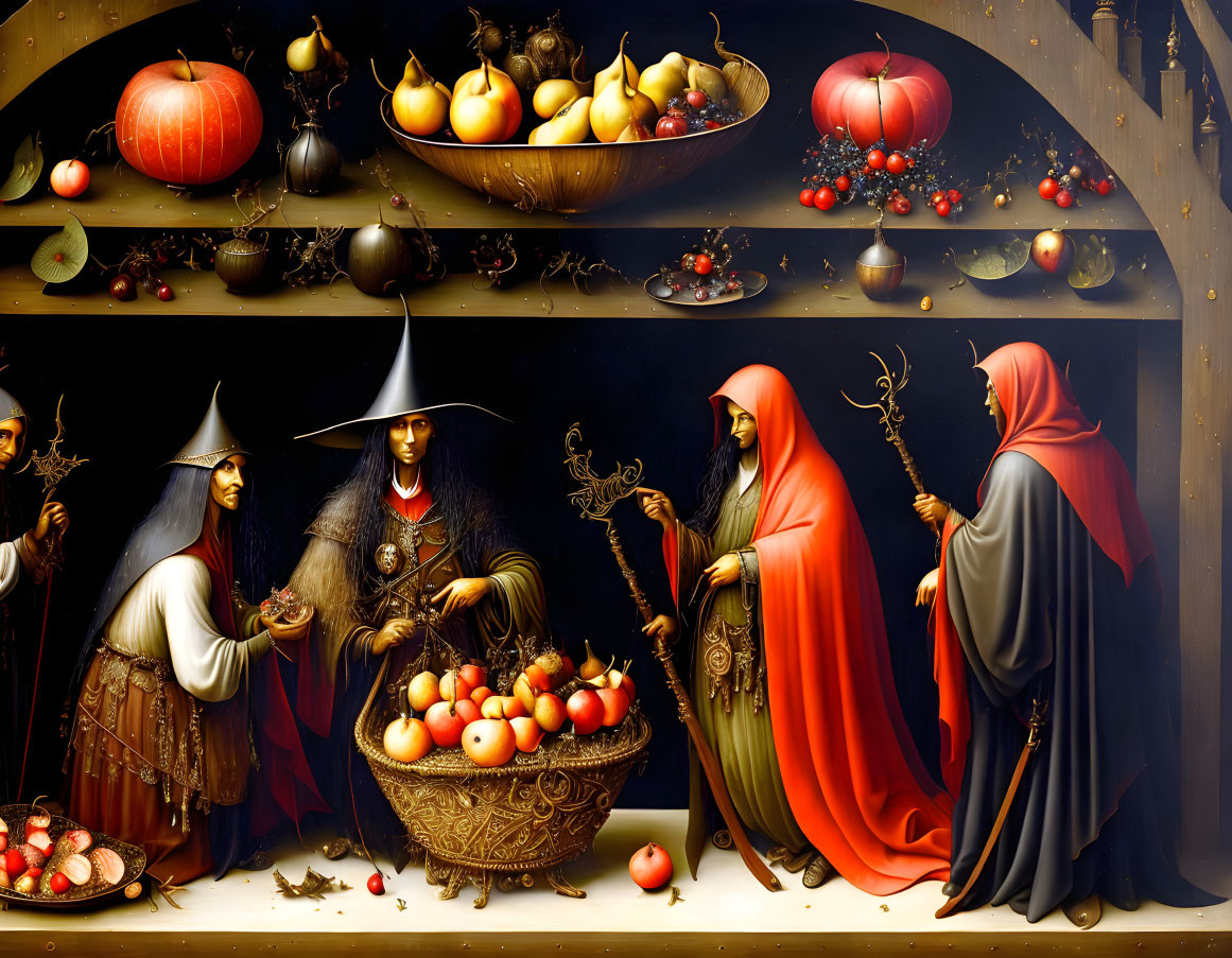 Stylized painting of three figures in cloaks and hats in front of shelves with pumpkins,