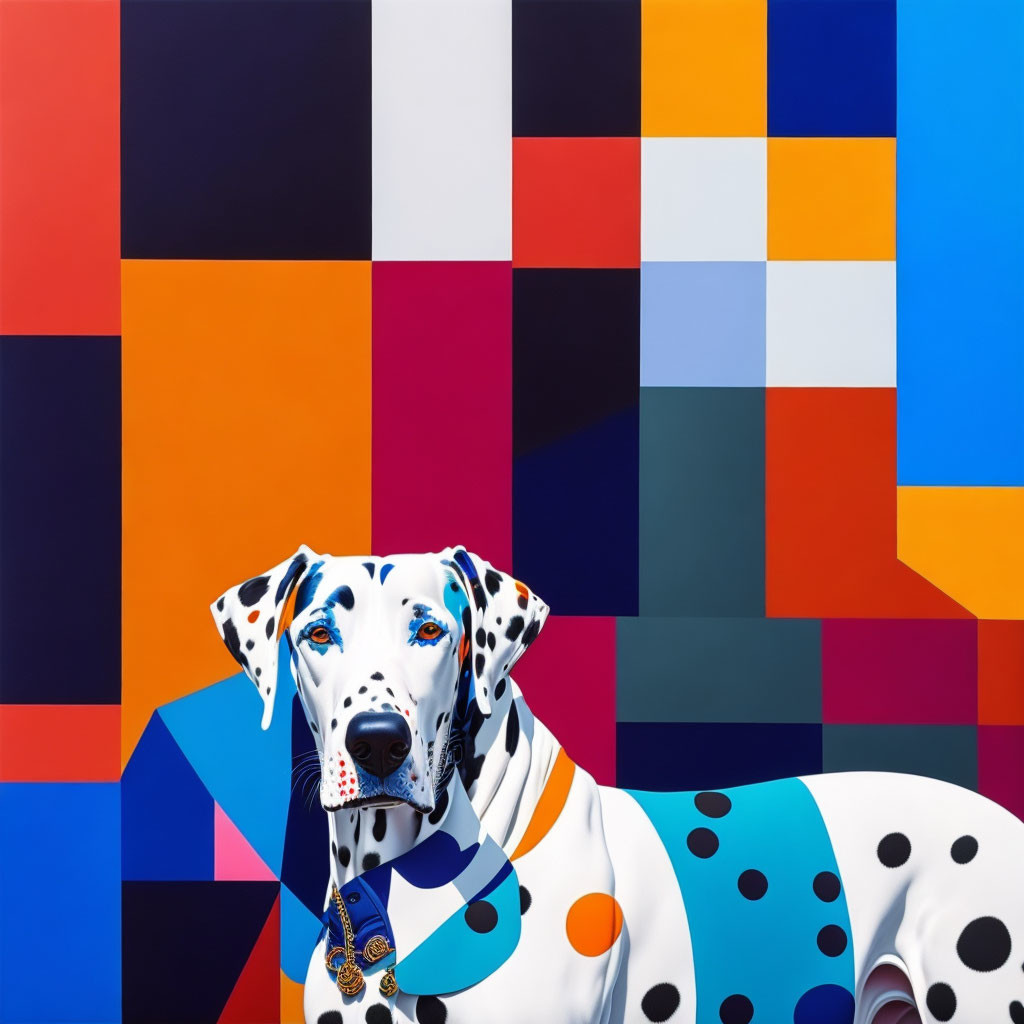 Colorful Dalmatian Dog Against Geometric Squares Background