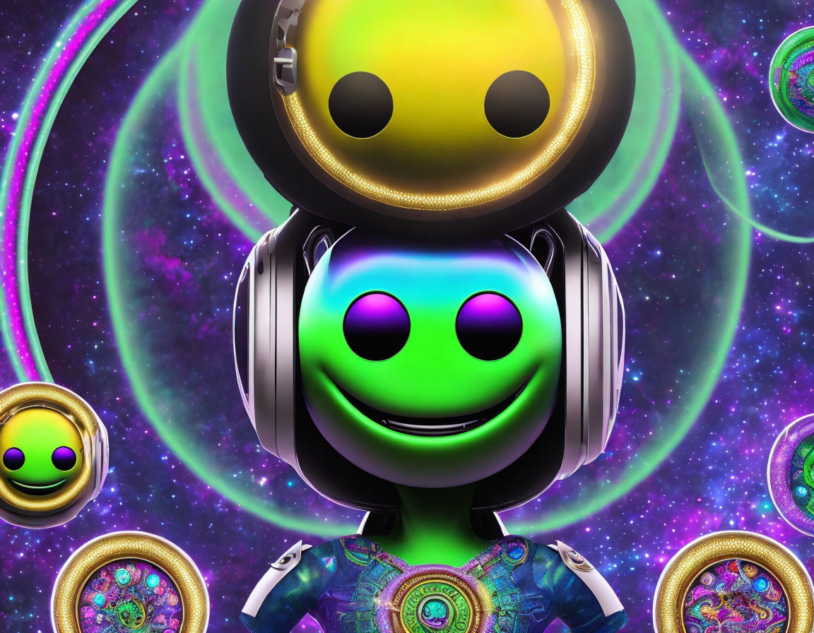 Colorful 3D illustration of smiling alien DJ in cosmic scene