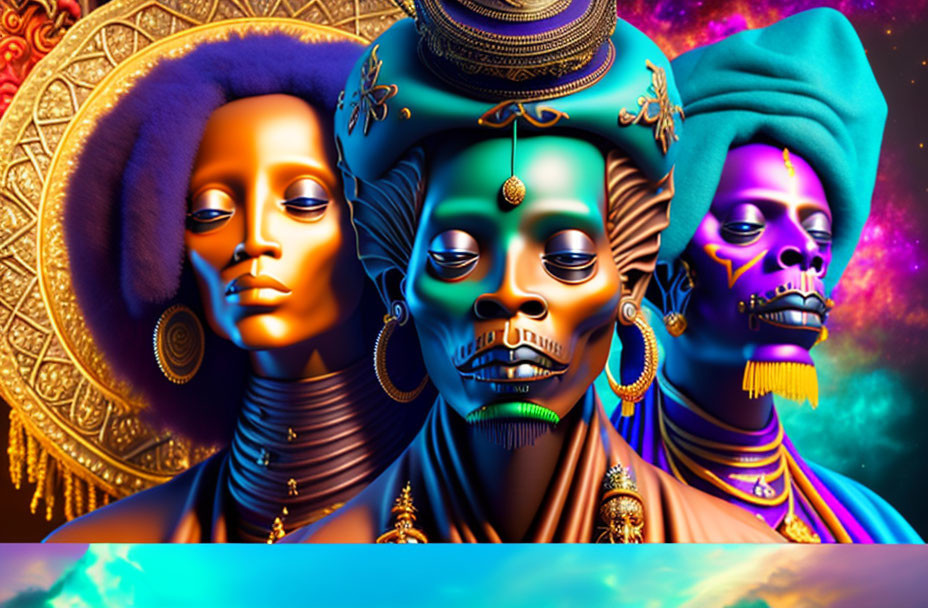 Colorful African figures with intricate jewelry on mandala background