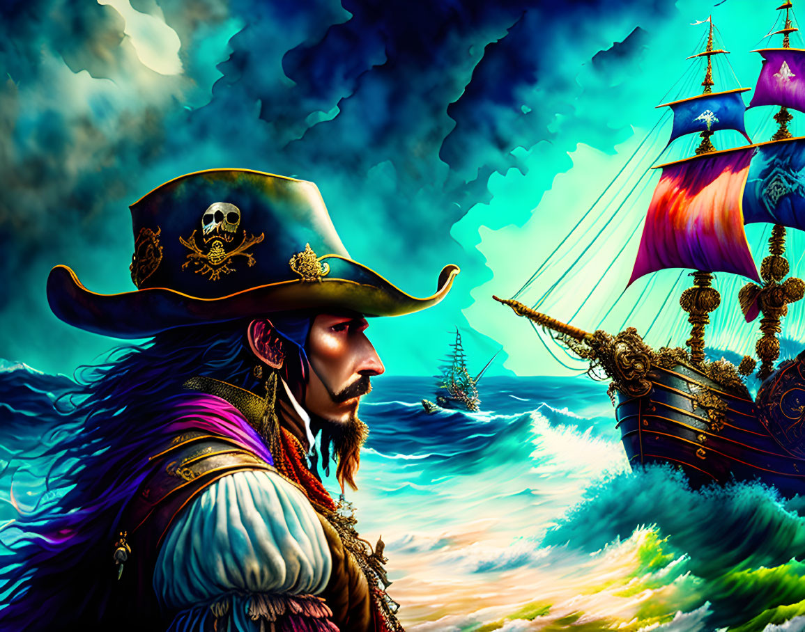 Colorful Pirate Illustration with Tricorn Hat on Stormy Seas