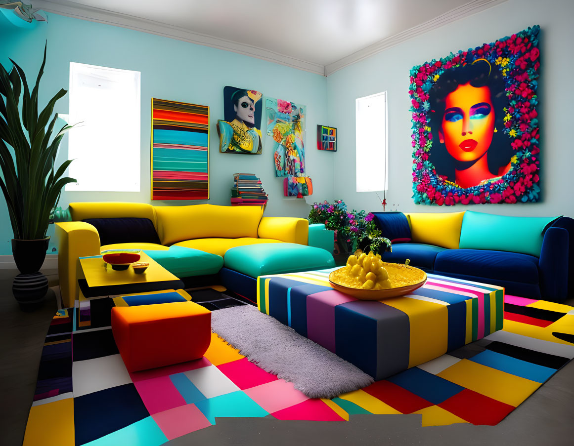 Colorful Modular Sofas, Multicolored Rug, Pop-Art Wall Portraits & Unique Coffee