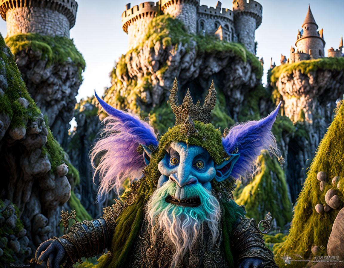 Blue-skinned king-like creature with green beard near castle and moss-covered rocks