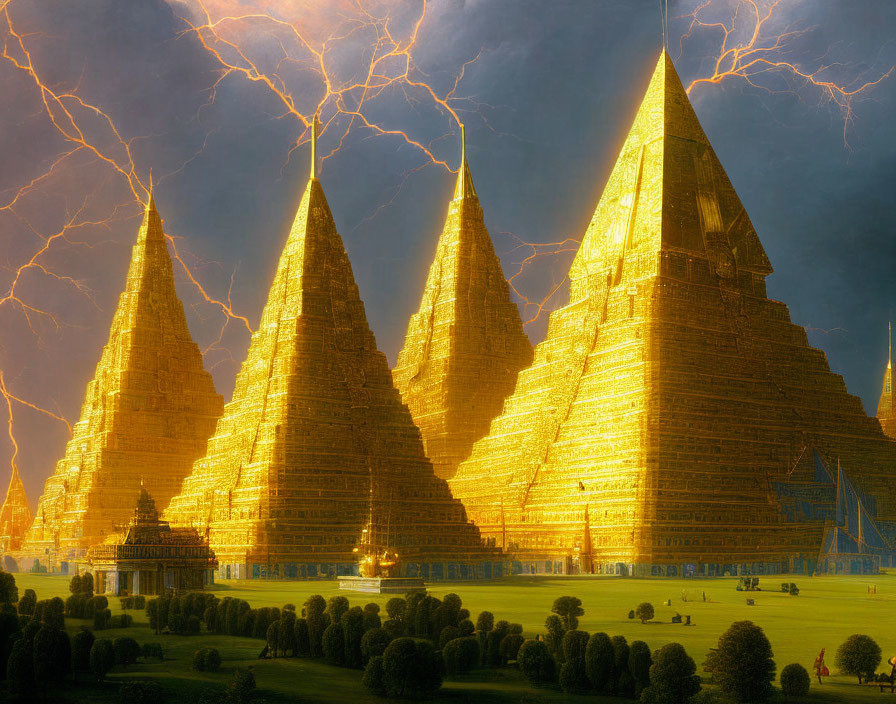 Fantastical landscape with golden pyramids under dramatic sky.