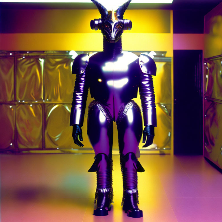 Futuristic black and purple robot in yellow-lit room