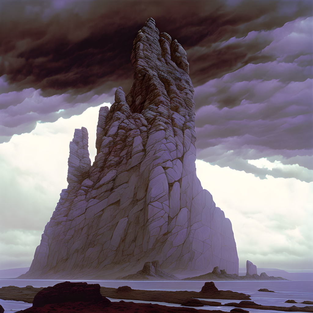 Dramatic purple sky over towering sea rock formation