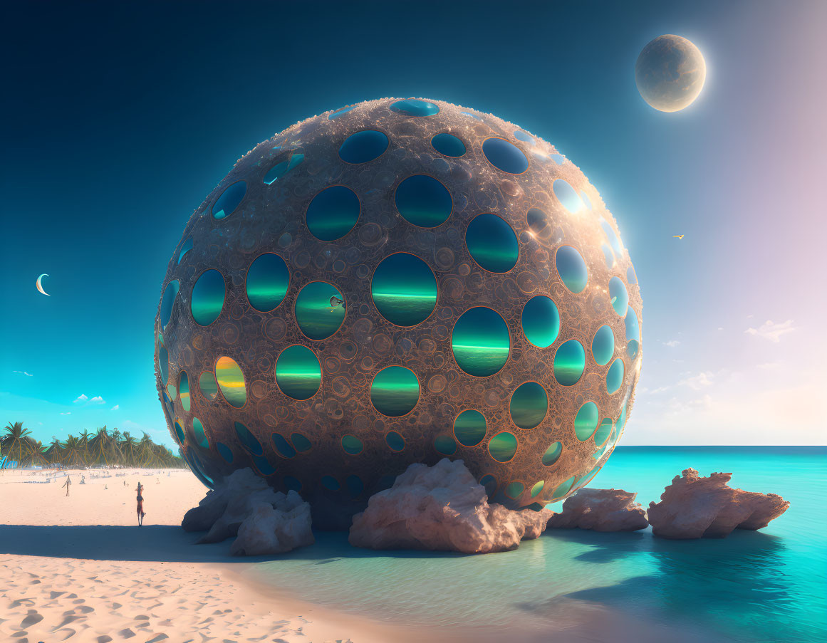 Giant perforated sphere on tranquil beach with palm trees and moonlit sky