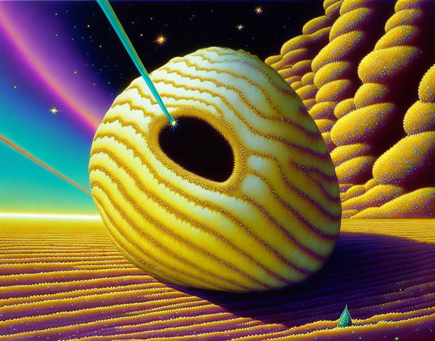 Striped planet-like object with pyramidal shape in surreal landscape