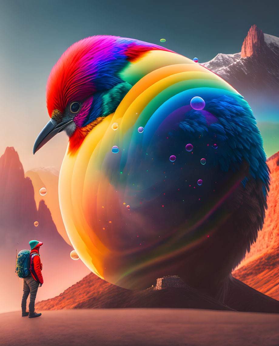 Backpacker facing giant, iridescent bird in surreal landscape