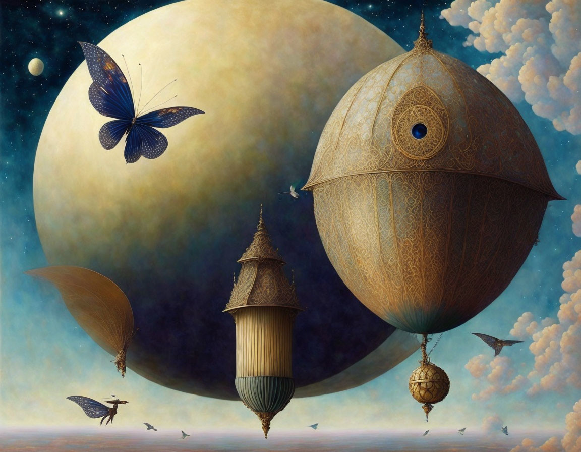 Fantastical scene with ornate airborne structures and giant butterfly under surreal moon.