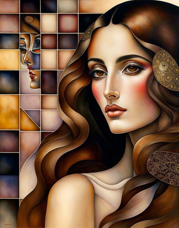 Stylized woman with flowing hair and eye makeup against mosaic background.