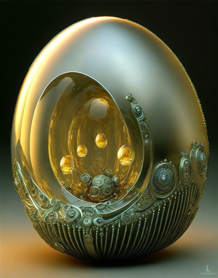 Ornate digitally-rendered egg with gold and teal patterns