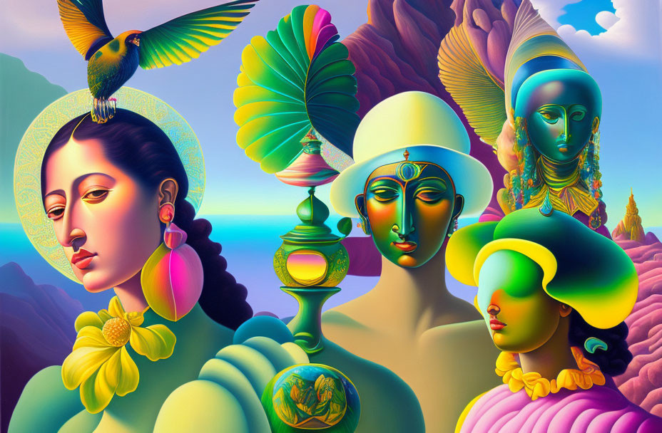 Colorful Digital Artwork: Stylized Female Figures & Nature Motifs on Gradient Sky