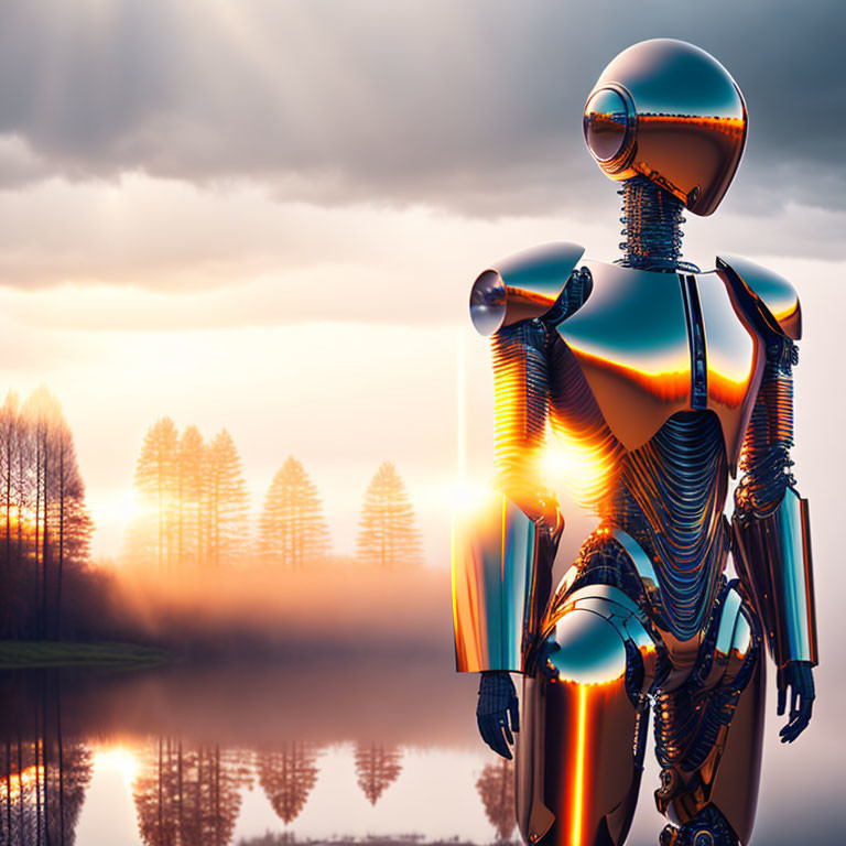 Humanoid robot reflecting by misty lake at sunset