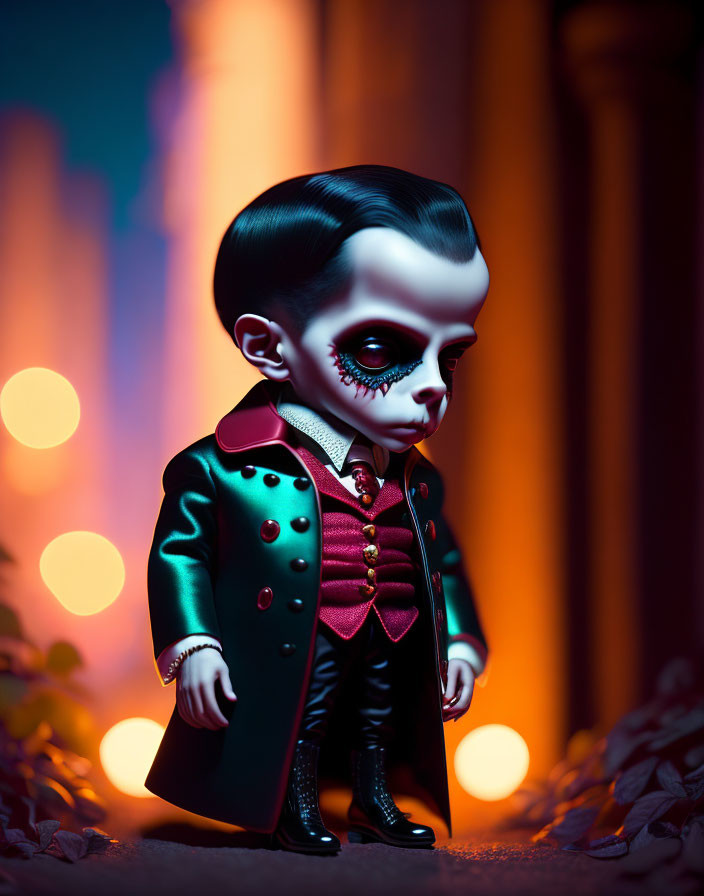 Stylized vampire collectible figure in dark clothing against city backdrop