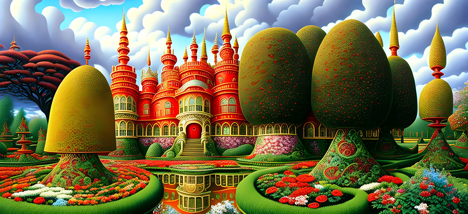 Colorful ornate palace and whimsical gardens with topiary and vibrant trees