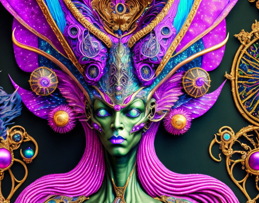 Colorful Mythical Being with Elaborate Purple, Blue, and Green Headdress