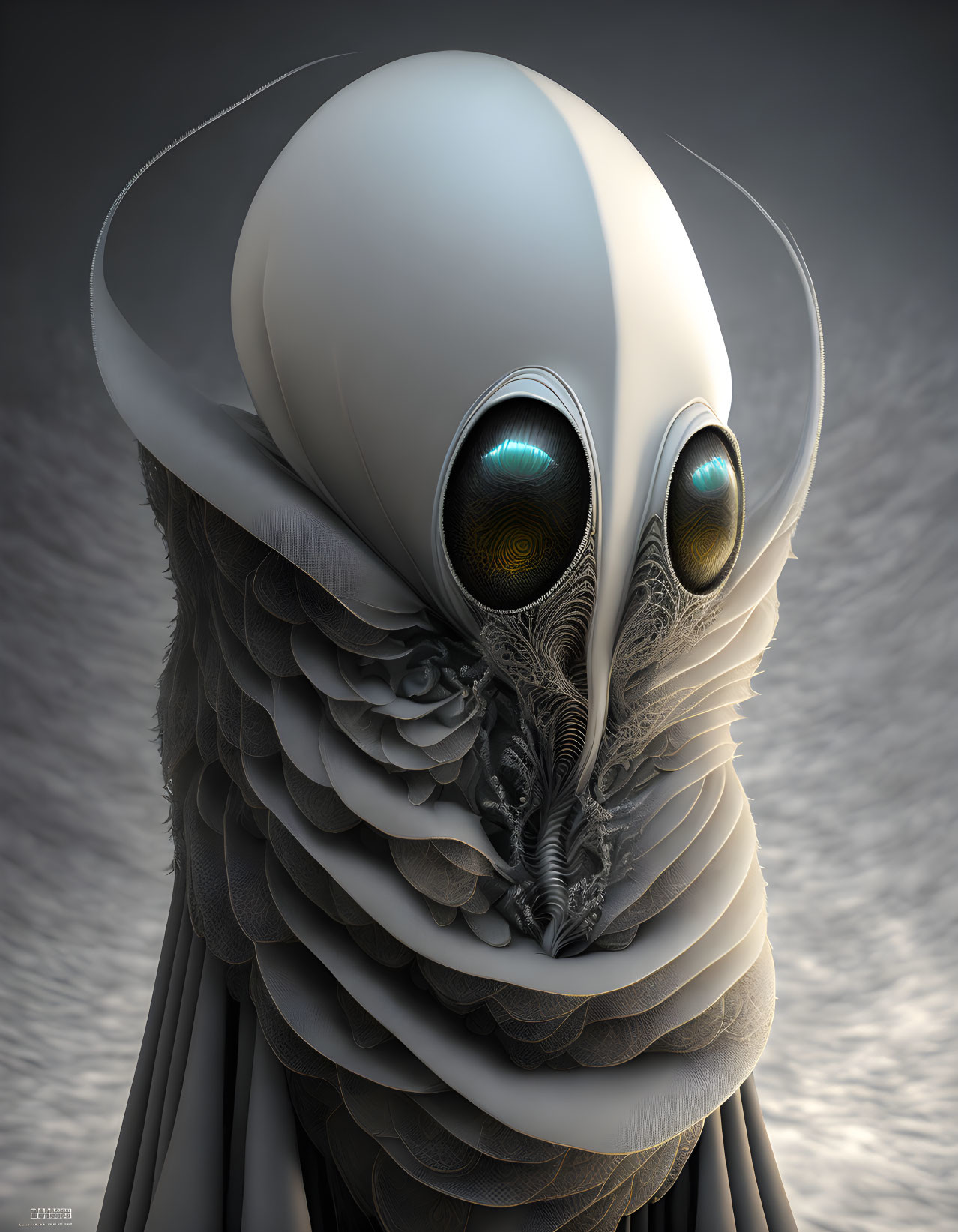 Detailed 3D digital alien creature illustration with large eyes and textured head on monochrome backdrop