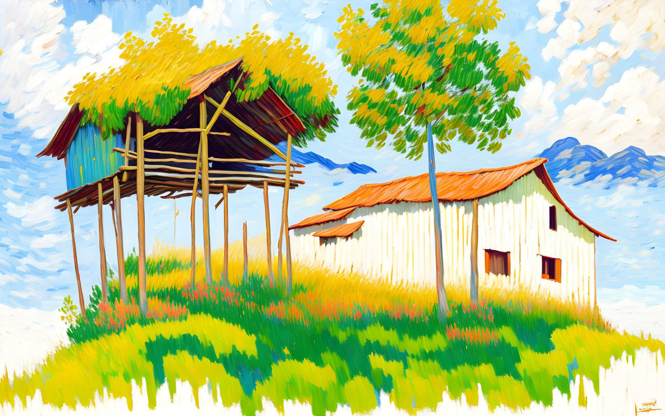 Colorful rural landscape with white house, straw-roofed hut, grassy hill, and blue