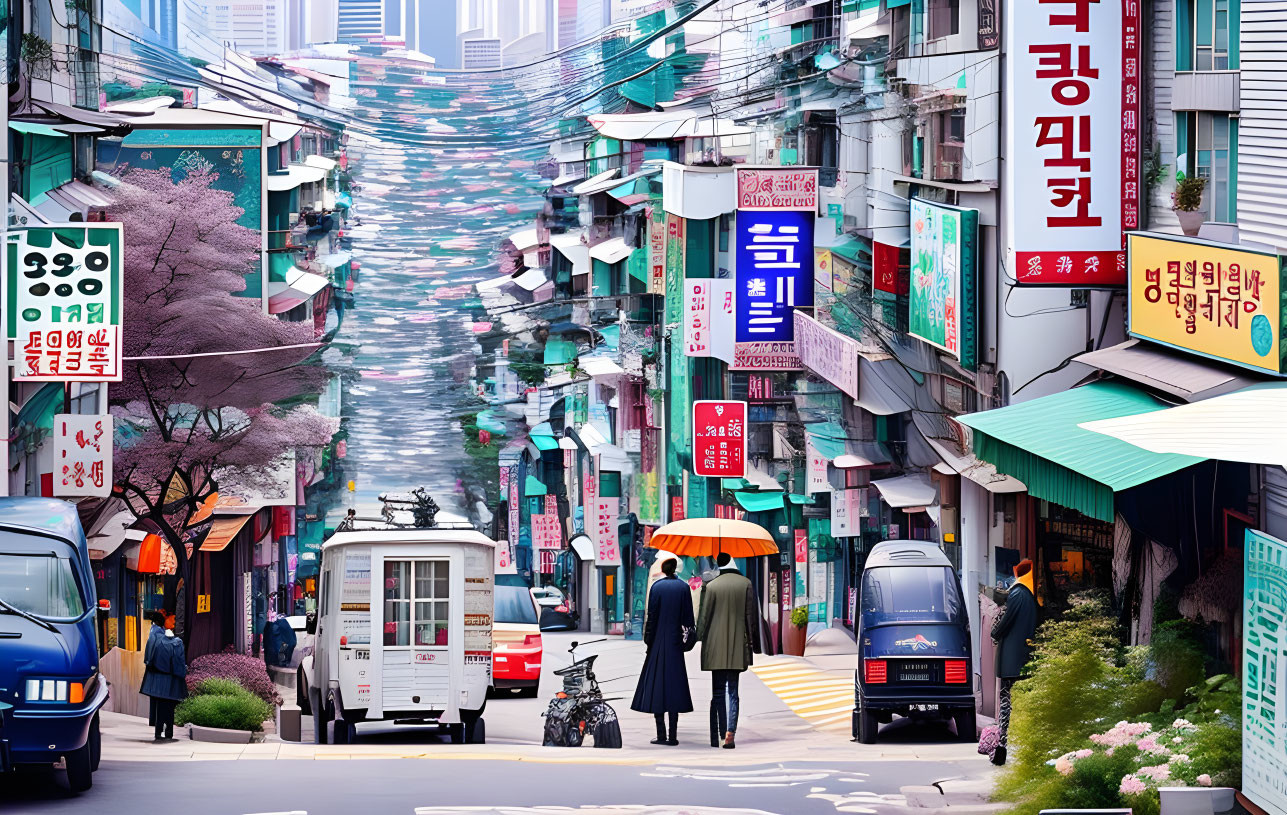 Busy Asian Street Scene with Shops, Colorful Signs, Cherry Blossoms, and Pedestrians