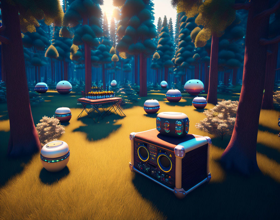 Robotic creatures and boombox in whimsical forest glade