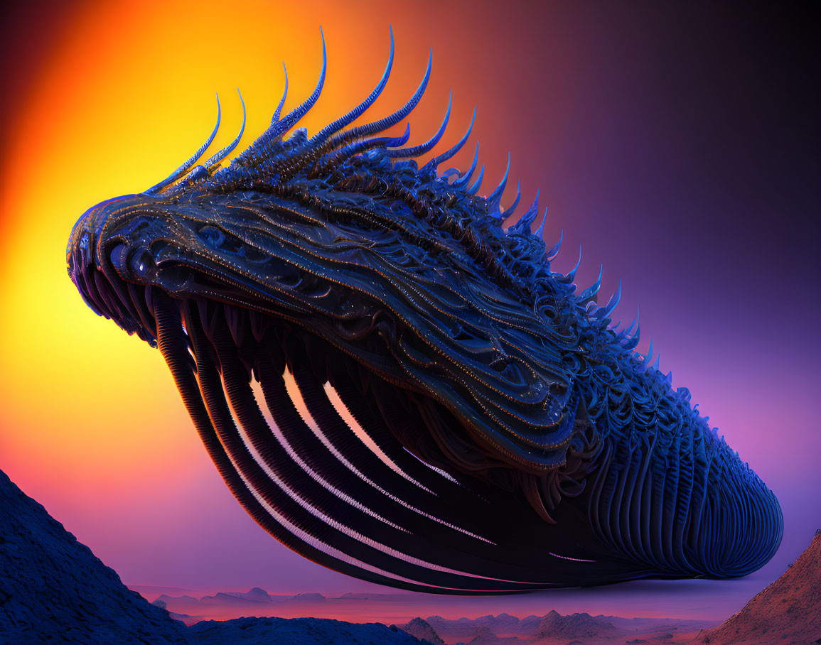 Surreal fractal sea creature in vivid sunset scenery