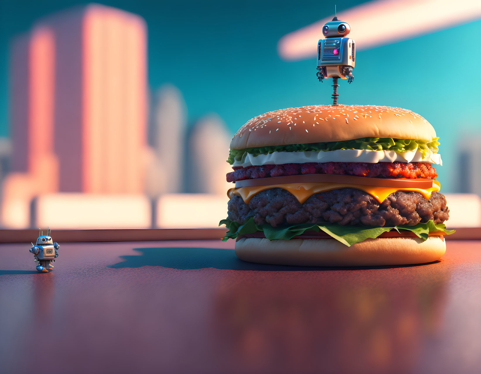 Small robots admire large cheeseburger in futuristic cityscape at dusk