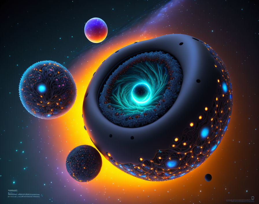 Vibrant digital artwork: Black sphere with glowing patterns and blue spiral center, surrounded by celestial bodies