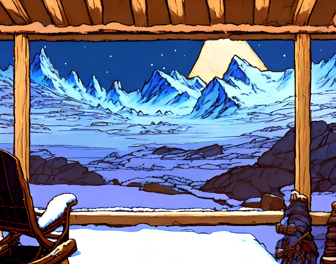 Cozy Wooden Interior with Snowy Mountain View