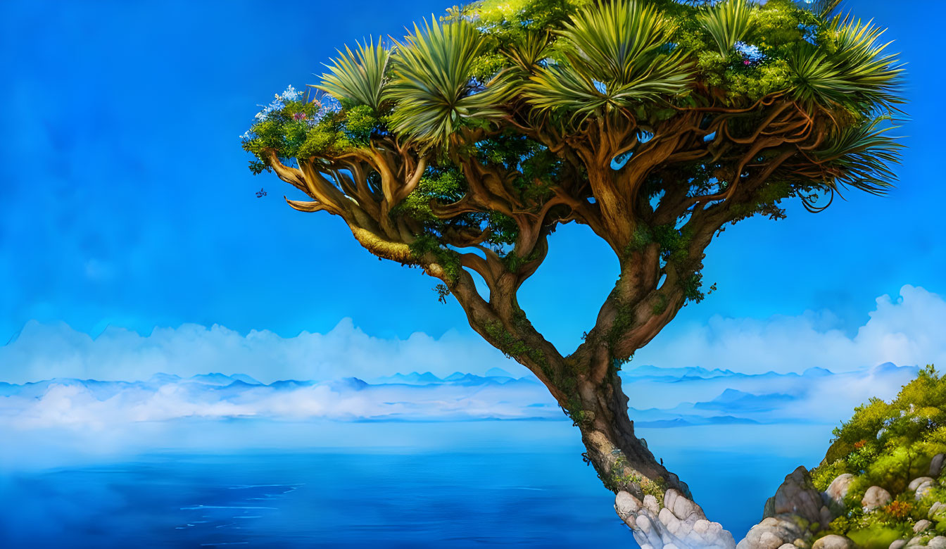 Majestic tree with lush foliage on clifftop by serene ocean and misty mountains