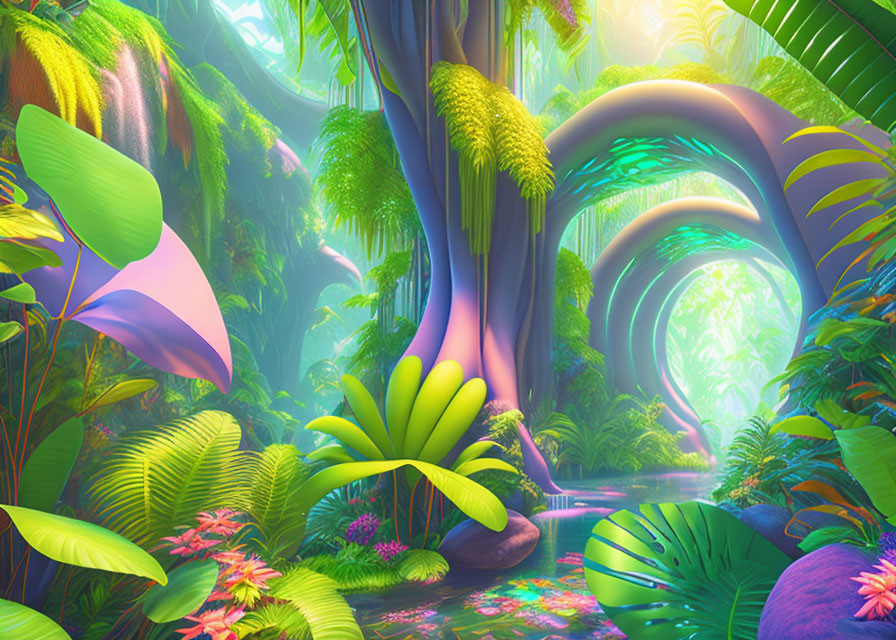 Colorful Jungle Scene with Spiral Trees and Reflective Waterway