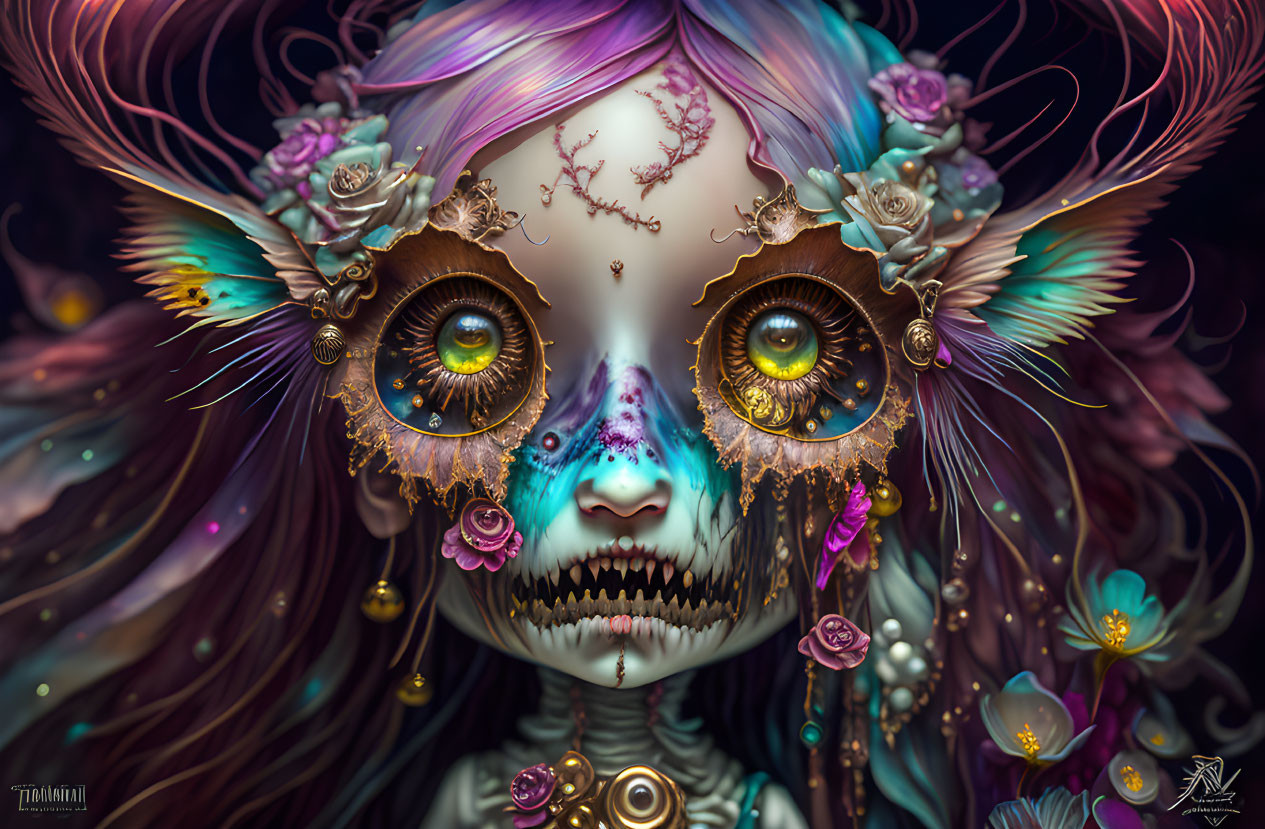 Fantastical creature with luminous eyes and floral accents on dark background