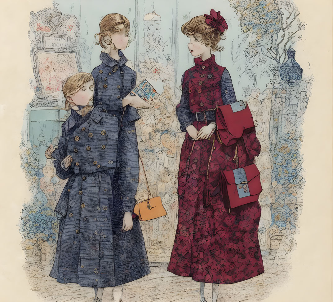 Vintage Clothing Trio with Books Against Floral Backdrop