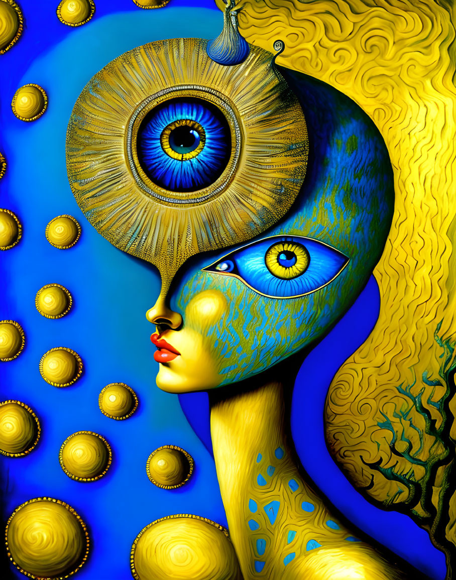 Blue and Gold Surreal Face with Eye and Bubbles in Intricate Digital Art