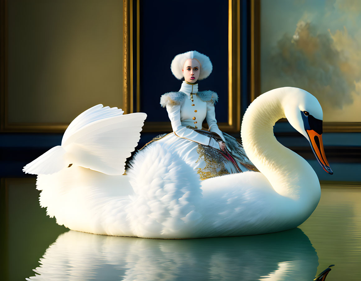 Regal woman on swan float in elegant indoor pool