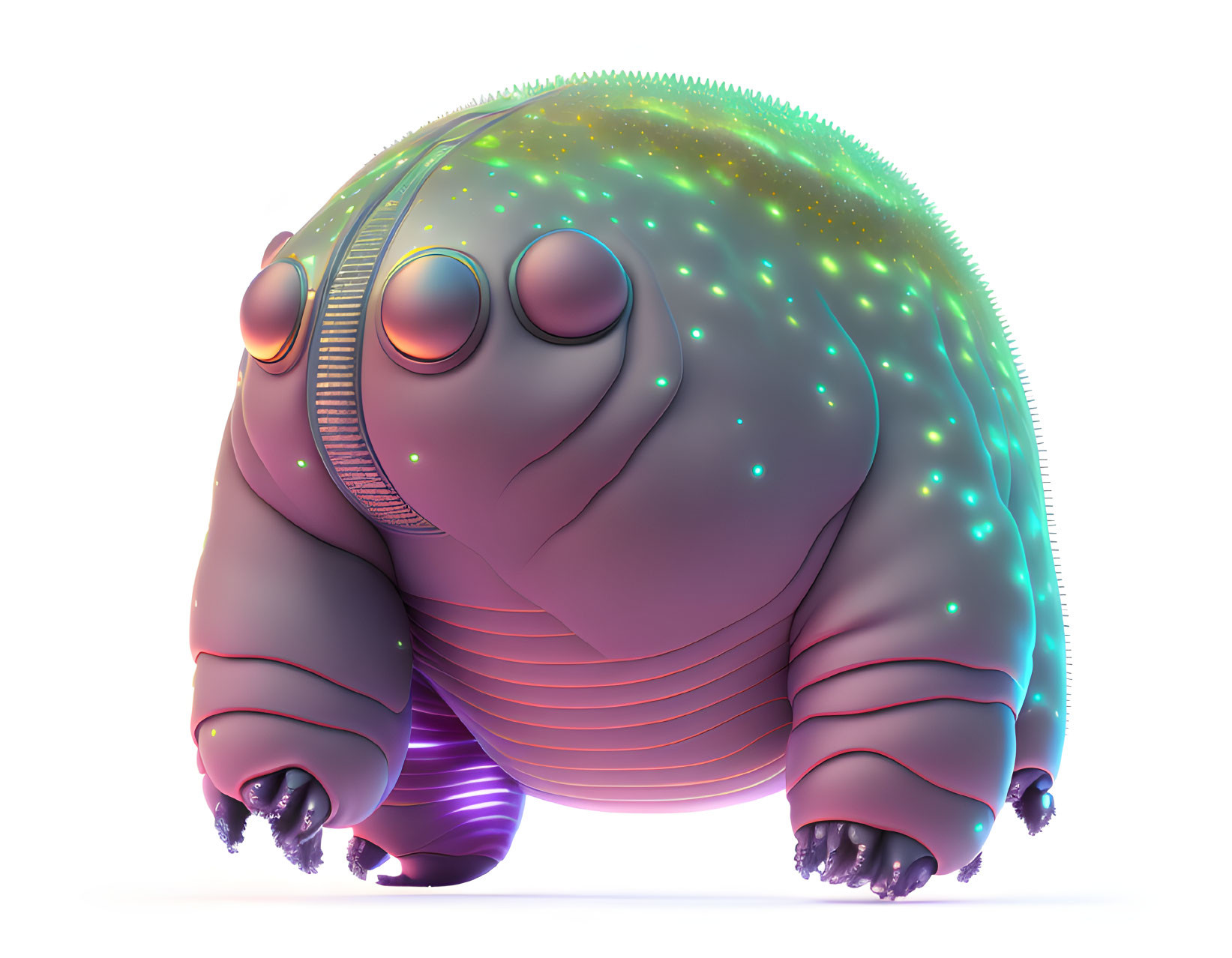 Colorful futuristic creature with bulbous body and glowing dots in purple and pink