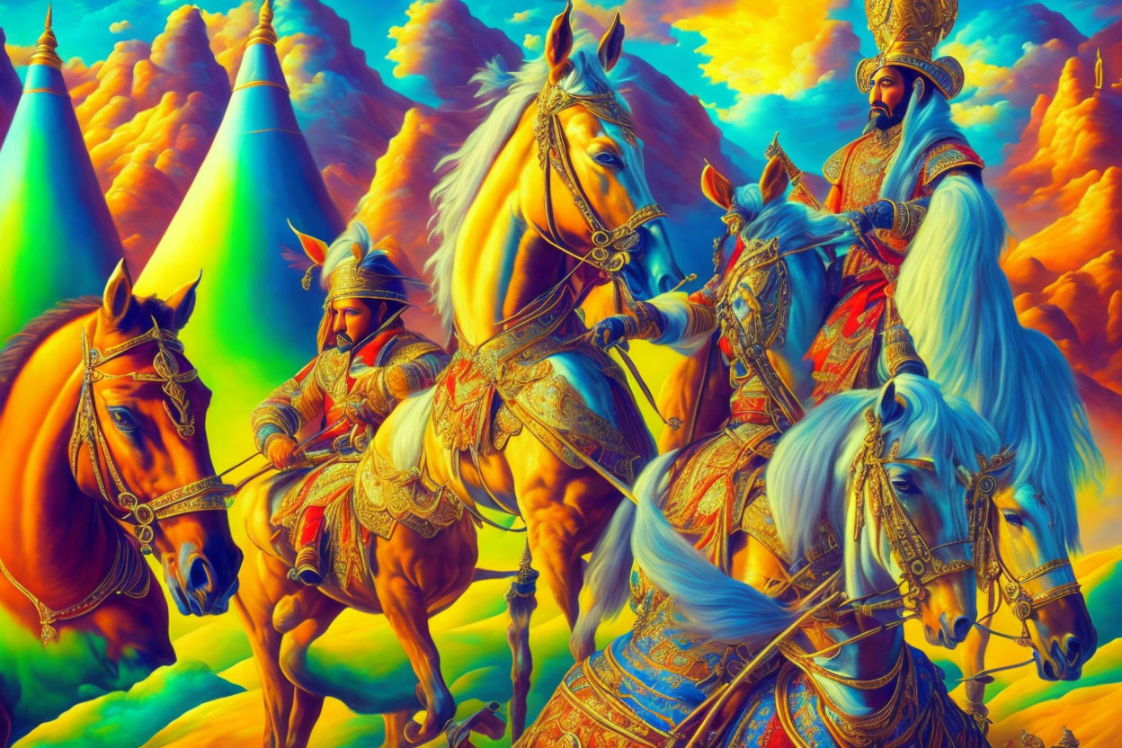 Three medieval warriors on horses under a dramatic sky with colorful clouds and light rays.