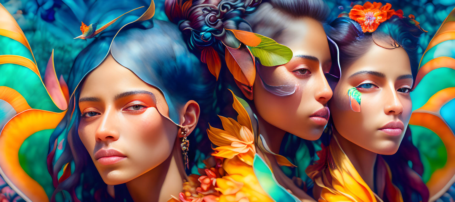 Colorful digital artwork of two women with floral and butterfly motifs