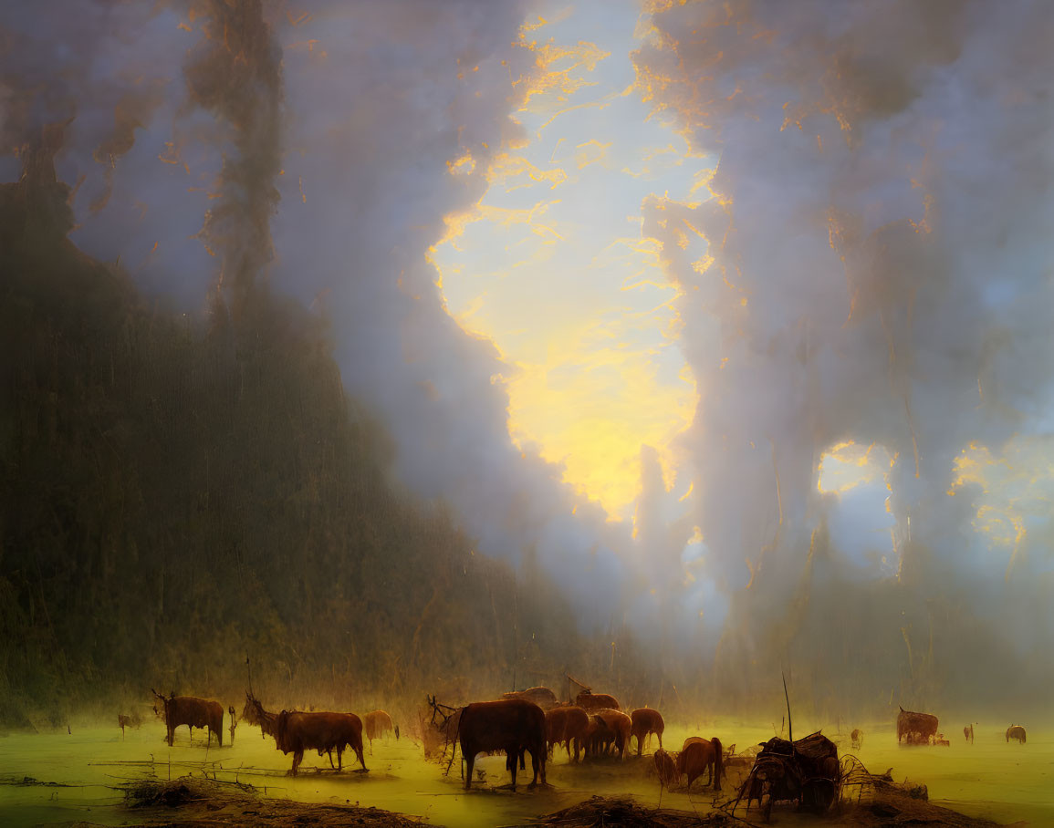 Cattle grazing in golden-hued misty field under dreamy sky